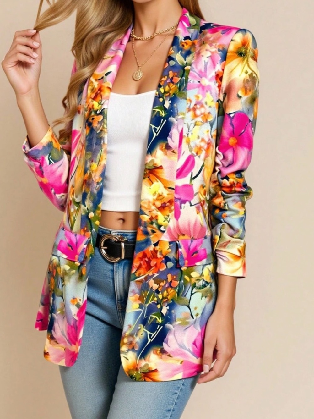 Classic Floral Print 3/4 sleeve Colorful Blazer - Picture 1 of 5